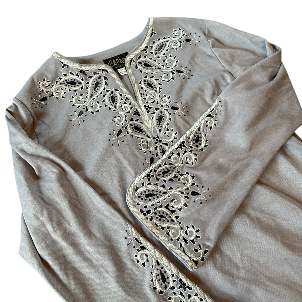 Bob Mackie Blouse Womens M Gray V-Neck Long Sleeve Artsy Paisley Boho Twee